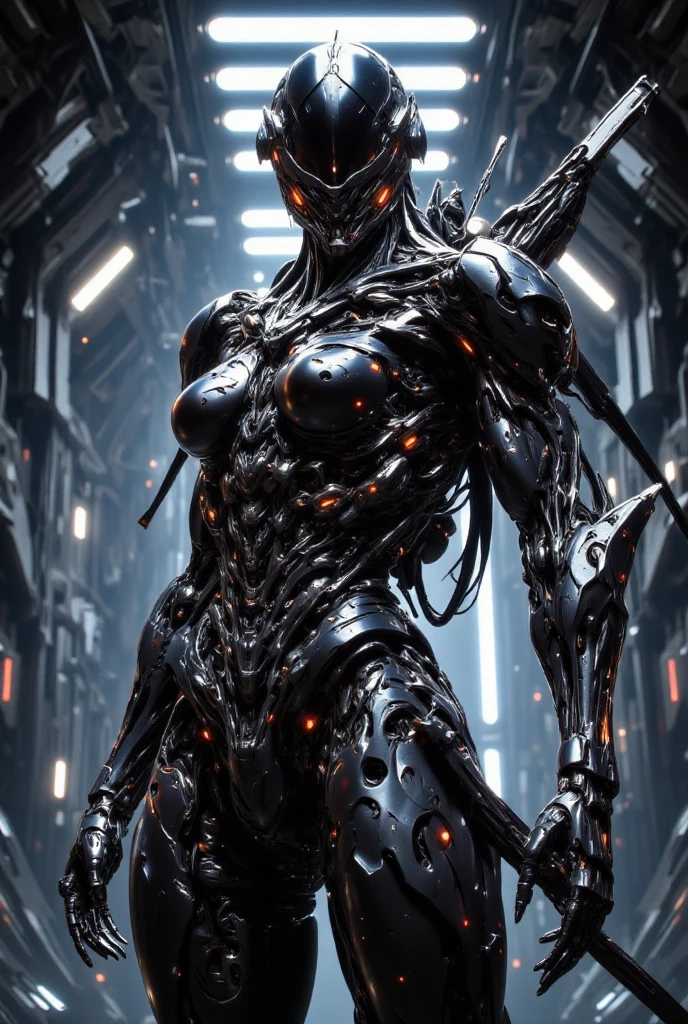 (best quality,4k,8k,highres,masterpiece:1.2),ultra-detailed,(realistic,photorealistic,photo-realistic:1.37), a heavily armed female android modeled after a terrifying demonic appearance, evil android, dark futuristic science fiction, hyper-detailed, cinematic lighting, dramatic chiaroscuro, muted color palette, intricate mechanical details, ominous atmosphere, intimidating presence, mechanical limbs, glowing red eyes, sharp fangs, sinister expression, advanced weaponry, cyberpunk, dystopian, moody