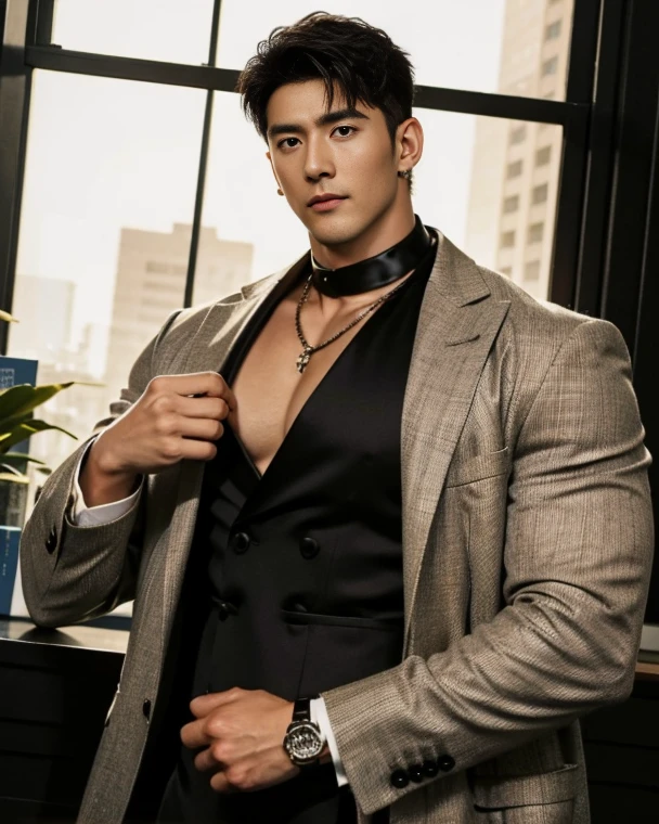 Arav man wearing tie leaning against a wall, korean muscle boy 2 1 years old, sexy masculine, Asian men, perfect body, Handsome Chad Chin, Korean male, Thin but well-developed muscles, super awesome and cool, Have abdominal muscles, majestic, Strong masculine characteristics, torn, Very muscular, Masculine and strong, handsome guy, muscle