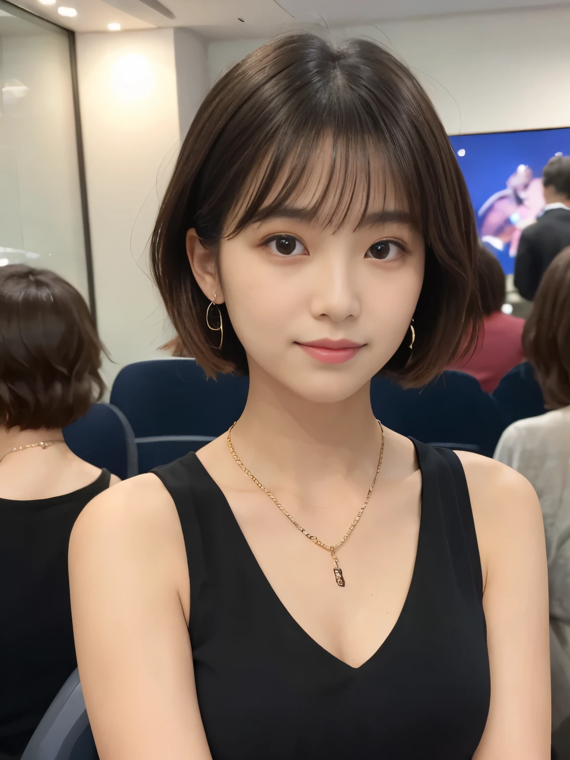 (The ultra -The high-definition:1.5)(ultra-detailliert:1.3) (ultra-quality) (An ultra-high picture quality:1.5) (rialistic photo:1.3) A Japanese Lady 21years old ((detailed and beautiful faces:1.3)) ((realistic skin textures:1.3)) ((Detailed and high quality eyes:1.3)) ((Detailed and high quality ears)) ((Beautiful, very fair and transparent skin:1.3)) ((Beautifully groomed straight short bob hair))Complete body beautiful proportion (Thin sleeveless shirt in fabric) long gathered skirt The background is the inside of a cafe at dusk. Beautiful, luxurious and stylish store ((Looking at the viewer erotically:1.3)) Wet lips ajar huge tit Beautiful high-definition image quality