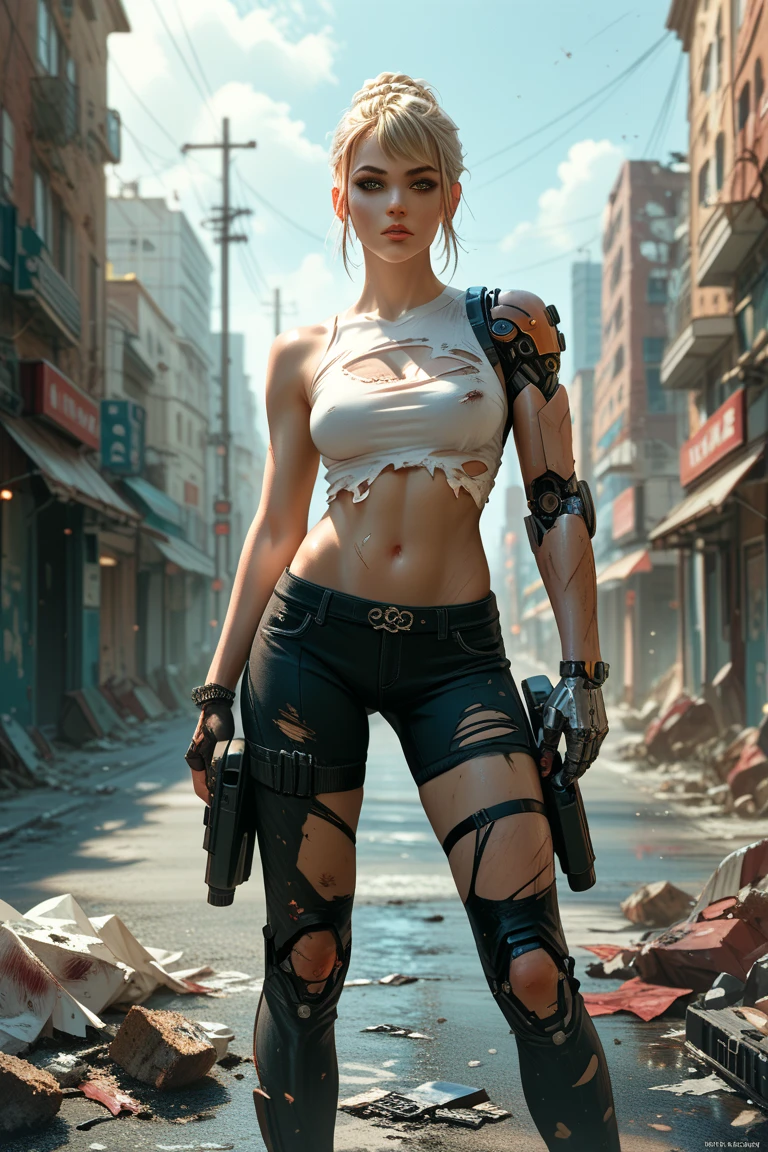 Imagem realista super detalhada], [obra-prima], Alexis Texas como uma cyberpunk com cabelo loiro curto e espetado, bright green eyes and a circuit tattoo on the neck. Ela usa um casaco de couro preto com detalhes em neon, uma blusa branca rasgada, a pair of grey jeans and black boots. She has a bionic arm with metal claws and a neural interface implant in her right temple. She holds a laser pistol in her left hand and a holographic device in her right hand. She's on a busy street in a futuristic night city, surrounded by tall buildings, Tecidos gigantes, carros voadores e pessoas de diferentes estilos e etnias. She has a confident and defiant expression, como se estivesse pronta para enfrentar qualquer perigo.