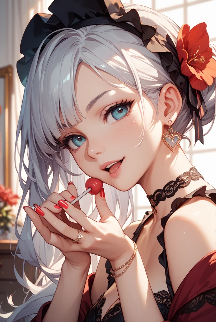 ((one personの女性)), Beautiful Face,Laughing embarrassedly,((Wink:2.0)),Laughing with your mouth open,((Bright red cheeks:1.3)),Glossy pink lips,night,rooftop,firework,((Anime style background)),masterpiece, highest quality, so beautiful, Latest, Complex details, (Pink long nails),(ring),AI-generated, Complex,High resolution, highest quality, super high quality,3D Images、View your viewers、3D Images,one person,Long white hair,High Ponytail,blue eyes,Anime woman posing for a photo, ((Fine grain、Platinum-colored colorful eyes、Shining Eyes:1.3)),(Squint your eyes:1.1),a hyperRealistic , hyperRealistic , Realistic,Anime woman with long and white hair, Smooth anime CG art, A woman in a colorful kimono with gold embroidery, (Black kimono),Red floral pattern,Long flower hair ornament,Big earrings,Mature Body,(Big Breasts:1.1),Tall,Big Ass,Fine details,Narrow waist,Abdominal muscles,Tilt your face,(Face close-up:1.3),(Hold your face in your palms)