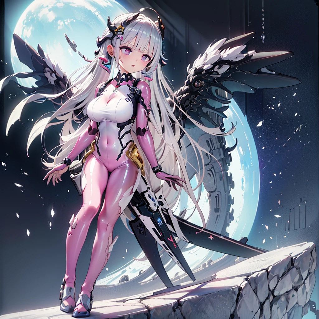 (best quality, ultra-detailed), crypticgirl, standing pose on a digital highway that represents the vast cyberspace, neon lit scenery, with her is a chibi android fairy, detailed mechanical build with wing, braided white hair with purple ombre, flying happily beside her, close-up portrait