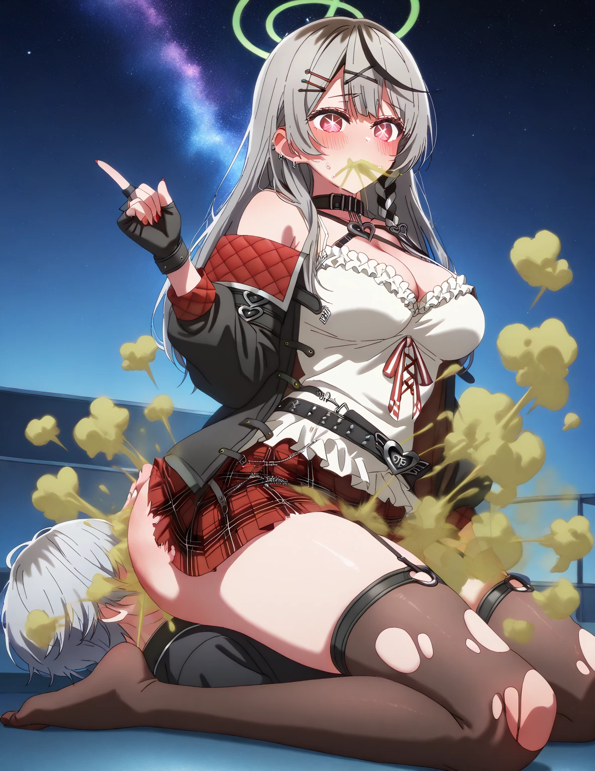 Young girl with grey hair, ((fringed and curly hair)),((curly short twintail)), curly hair ,(red eyes),, ((small bushy eyebrows)), wearing gothic ta clothing, loli, walking to school, bored look, bored face,, suddenly having sex in public, ((doggy style sex)), ((public sex in a restaurant)) naked ass in the male crotch, perfect anatomy, (young boy fucking her)