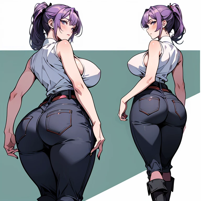 masterpiece:1.2, 1women, (38yers old), (best quality), (real picture, intricate details, depth of field), highly-detailed, attractive waist, high resolution, (illustration:0.8), perfect lighting, extremely detailed CG, big breasts, tall lady, susprised posture, (tight pants), (pants:1.5), (thick_thighs:1.5), huge ass, (Purple Jacket:1.5) reference sheet, model sheet, cleavage, (short hair), (purple hair), (hair over one eye:1.5), lipstick