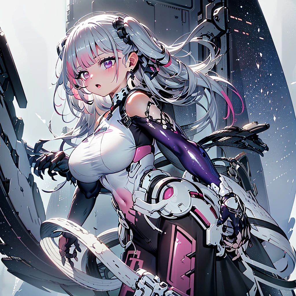 Goddess of complex armor,Glowing skin,Cuirass details,Blue and white hair,Arm tattoos,Bigboobs,8K resolution,1girll,the shy,cleavage,Mecha musume, mechanicalparts, robotjoints,Headgear,White stockings,a beauty girl,Bare chest,Lori huge breasts cleavage,Raised sexy,White stockings,blackstockings,Lie down,underdressing,tit,Vaginal thrust by,spread their legs,Full body photo,Facing the audience,arma,比基尼,hindquarters,Wings,1 rapariga, Chinese_clothes, Metallic black, Titanium and crimson, Cyberhanfu, on cheongsam, Cyberpunk-city, dynamicposes, Details illuminated headphones, luminous hair ornaments, long whitr hair, Luminous earrings,Glowing necklace,cyber punk perssonage, a high-tech city, full of machinery and futuristic element, afofuturism, technologies,luminous neon lights,red colour,Red light,Sexy skirts,Black cape,Laser light,Digital background city sky,large moon,There are vehicles,Best quality at best,tmasterpiece,8K,Character edge light,hyper-high detail,high qulity,The most beautiful woman in man,ssmile,The face is symmetrical to the left and right facing the front,Ear corner decoration,The long antenna emits light,beautiful pupil,Light effects,visual data,Silver-red-orange hair colored,Ultra-detailed facial texture,cheerfulness,Weapons systems,The streets are crowded with passers-by,in mecha style,Head-mounted light-emitting antenna,Deep eyes,White hair,cat ear,Pink eyes,Light blue Lolita,white panties,pink bows。