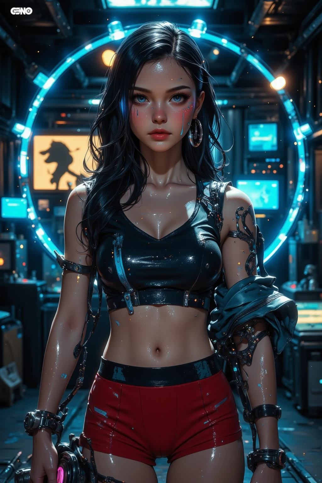 Cyberpunk, beautiful Indian girl, ultra realistic face, wet body, big ches,t good details in body, two colours ton, 8k