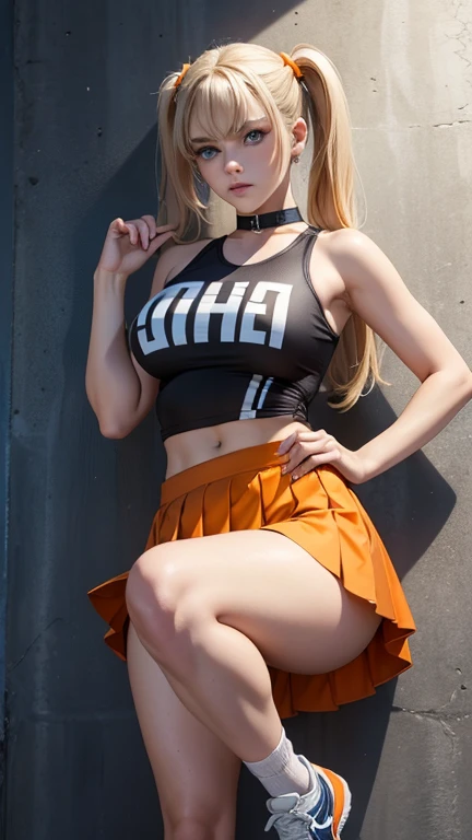 (cute girl with strong breasts: 1.3),(future fader backround:1.4),(muscle huge boobs:1.6) ,,(messy short glossy platinum yellow blond hair:1.3),(bangs:1.2)
(smile :1.2),(beautiful body:1.5),(silver mini skirt :1.4),(black big short T-shirt:1.4),(big wide hip:1.2),(beard ab:1.3)