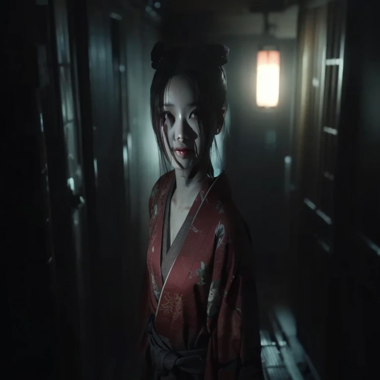 A  Zashiki-warashi facing forward in a scary atmosphere in an old room