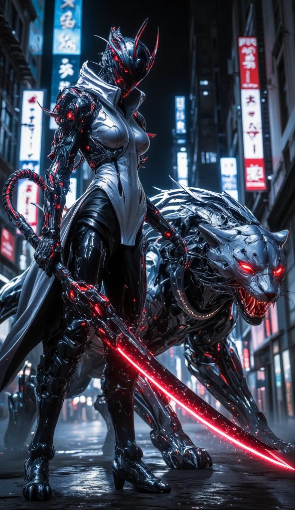 (Fox Girl, Fox Ears, Silver Hair, Fox Makeup, One Girl, Long Hair, Alone on the screen, dark skin, High definition:1.6), (mecha musume, Machinery Parts,Robot Joints, White and red clothes, Full body mechanical suit:1.8), (Body measurements are 75-60-75!, Young girl body, Small breasts, Proudly, Standing posture, slender, muscle:1.9), Avatar, face, lewd face, Dominant representation, naughty face, Uplifting, Skin Texture, outside, ruins, Ruined City, Broken Building, There are no people
