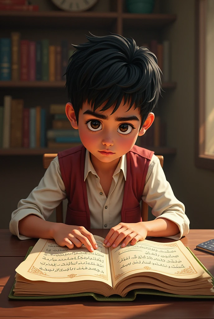 A young boy reading Arabic books who have too much desire