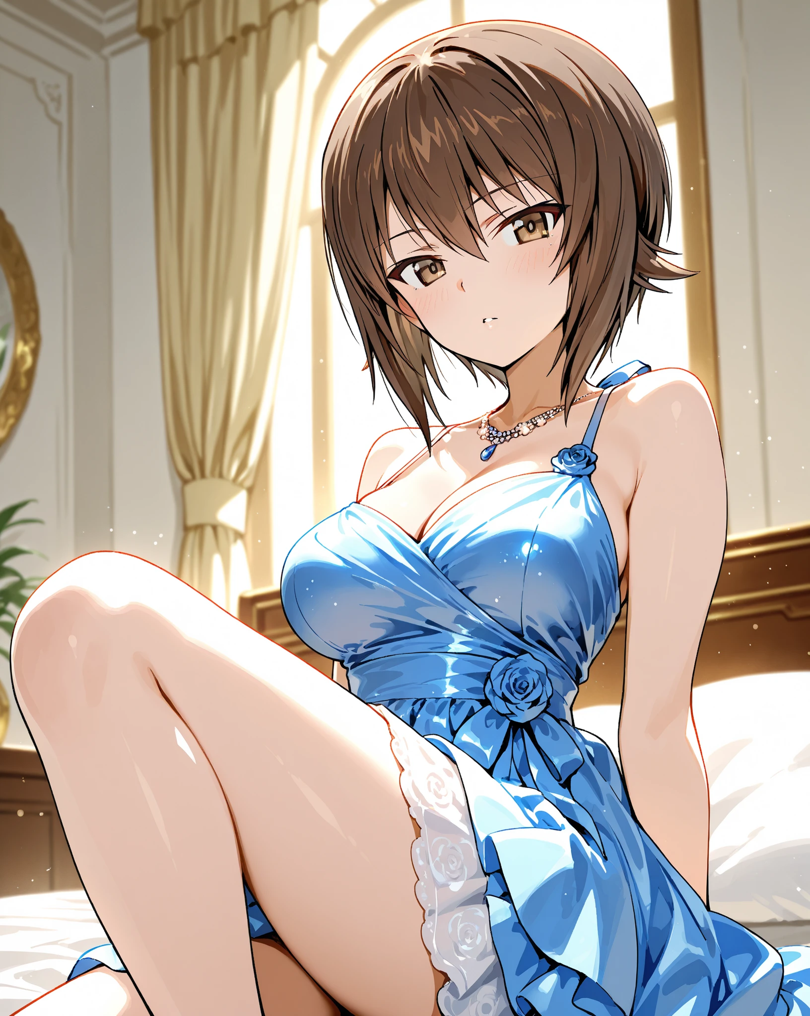 ((highest quality)), ((masterpiece)), (detailed), (Perfect Face)、The woman is Haruhi Suzumiya, with short brown hair and the wife of a 70-year-old man.、(The woman is wearing a gorgeous, see-through dress with gorgeous embroidery and a see-through cape with gorgeous fur, and is wearing gorgeous engagement rings and gorgeous jeweled earrings, necklaces, bracelets and waist chains.、Wearing jeweled accessories such as ankle rings and head dress chains, she spreads her legs in an M-shape on a luxurious bed, opens her pussy, and seduces a 70-year-old man with a sexy pose to invite him to sex.)、(A woman seduces a 70-year-old man with a gorgeous engagement ring)、The man is 70 years old and is embracing the woman in a bedroom in a luxurious mansion.