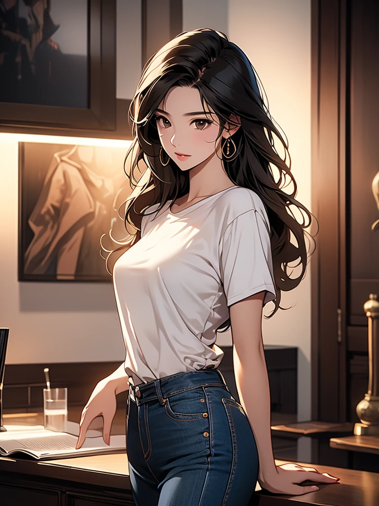 18 year old American girl, Video Gamer, Wearing a semi-transparent short T-shirt, Black Hair, ((blush: 0.8)), Natural skin texture, 4K Textures, Very detailed, Insane Details, pale colour , ((Long Wavy Hair)), ((smile: 0.4)), (No pants: 0.2), ((Look straight into the camera)), ((Tilt your head: 0.8 )), ((Small breasts:1)).  