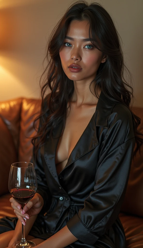 (Name: Indah Permatasari )A powerful and elegant woman, dressed in a tailored suit, exuding confidence and authority as the head of a mafia organization. She stands in a luxurious office, with a commanding presence, holding a glass of whiskey , surrounded by an air of danger and sophistication, She is pretty and from Indonesia, Triange Body Shape, Perfect Eyes, Detailed Face