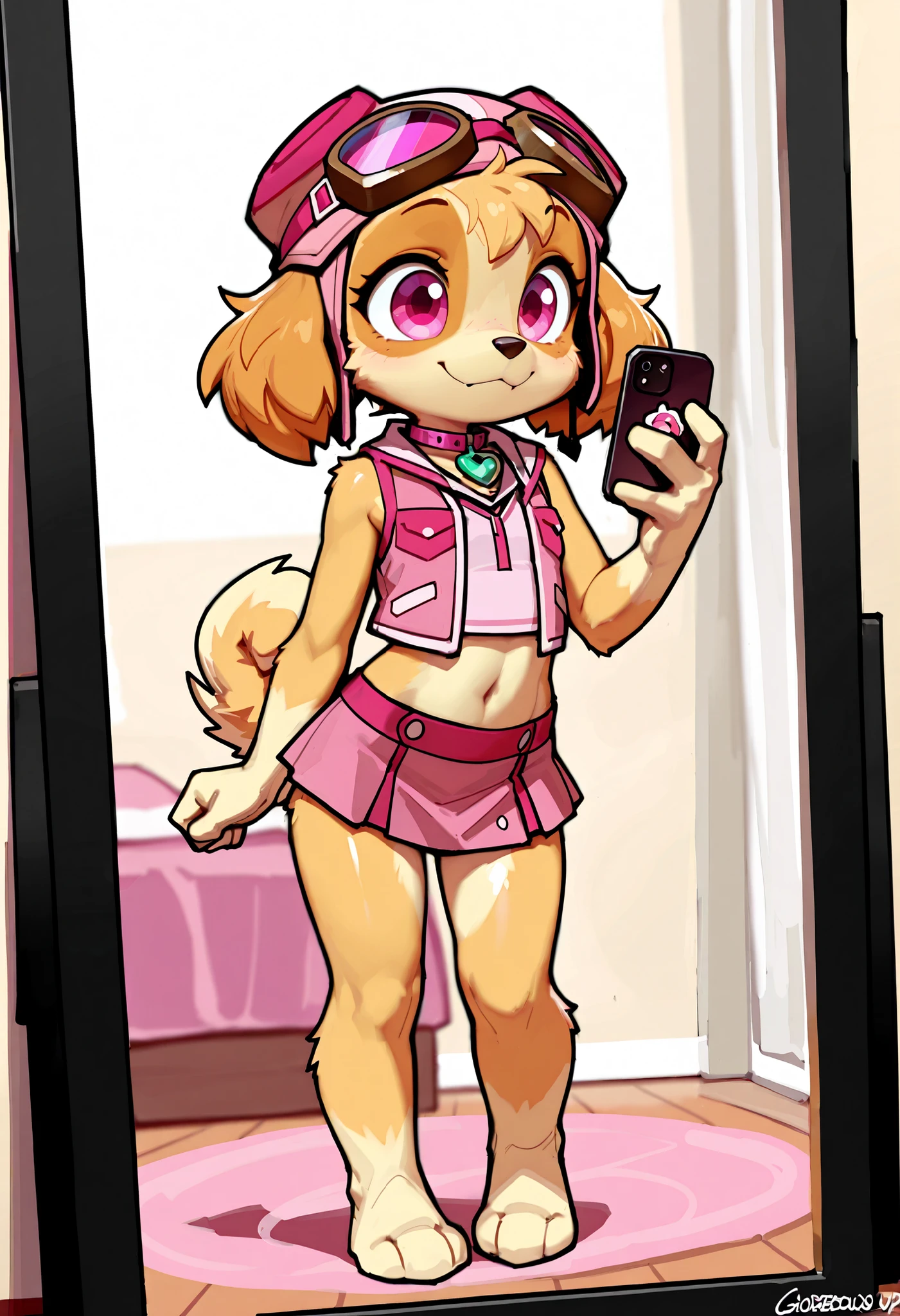 score_9,score_8_up,score_7_up, source_cartoon, source_furry, solo, 1girl, Skye, dog, young, furry female, anthro, body fur, small breasts, fluffy loop dog ears, ((goggles, pink pilot hat, Skye collar, pink vest, sleeveless, midriff, pink mini skirt, barefoot)), detailed body fur, detailed face, detailed eyes, glistering body, shiny body, gorgeous body, masterpiece, full body, feets with three toes, 3 toes, standing, short body, tiny body, big head, :3, athletic body, looking at you, room, mirror, anime style, 2D, selfie, holding a phone with one hand,