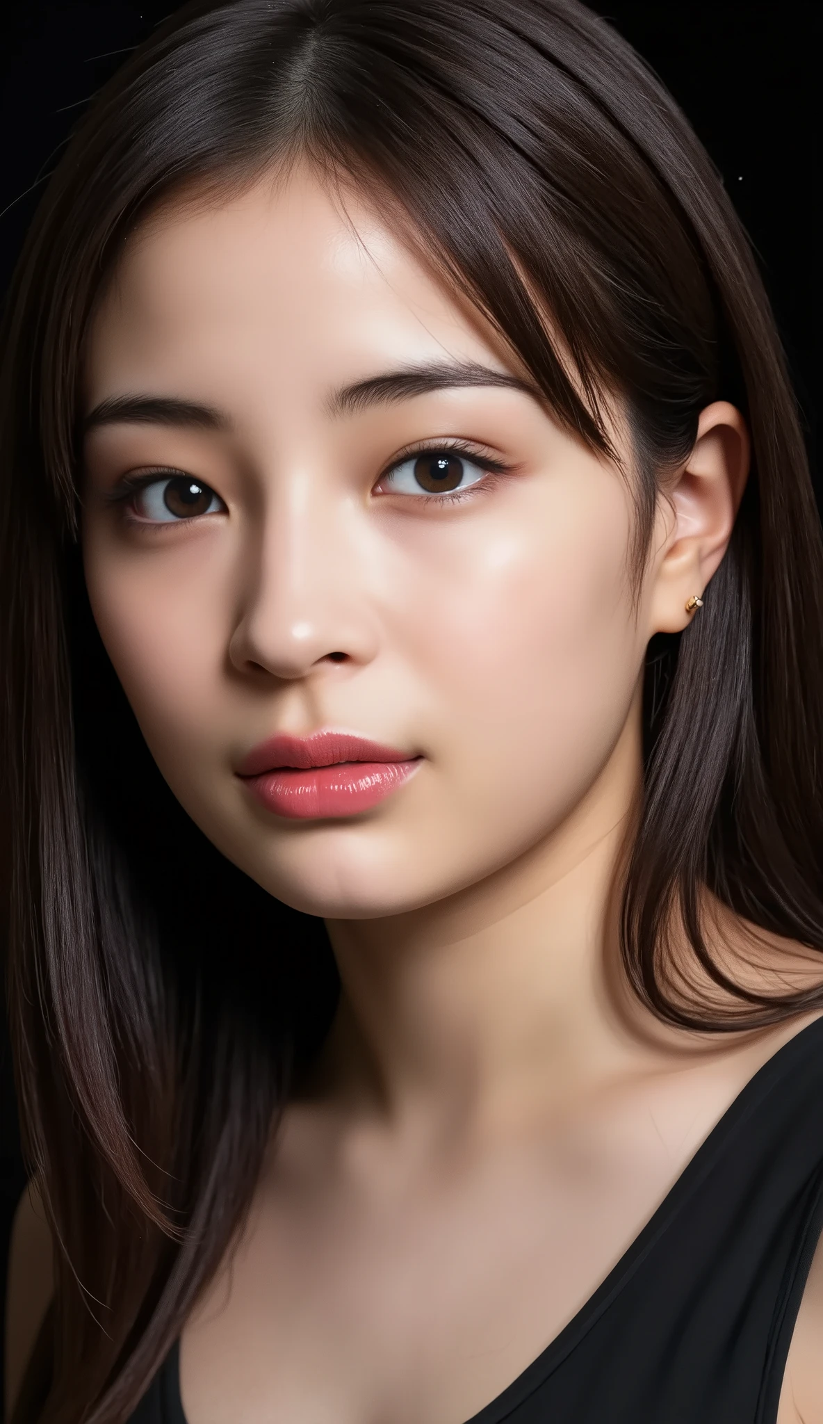 one beautiful woman、 masterpiece, accurate, nsfw, Super Detail, advanced details, high quality, Award-winning, best quality, 16k, perfect anatomy, (( front view, upper body)), Ultra High Resolution Hair , brown hair, long hair, realistic textured skin, slim face, (( nudes)), (( nudes:1.5)), flabby lips, , ( nudes:1.3), black background,(((A seductive look、A seductive look、A seductive look、 the climax of ecstasy 、 the climax of ecstasy 、 the climax of ecstasy ))), full body