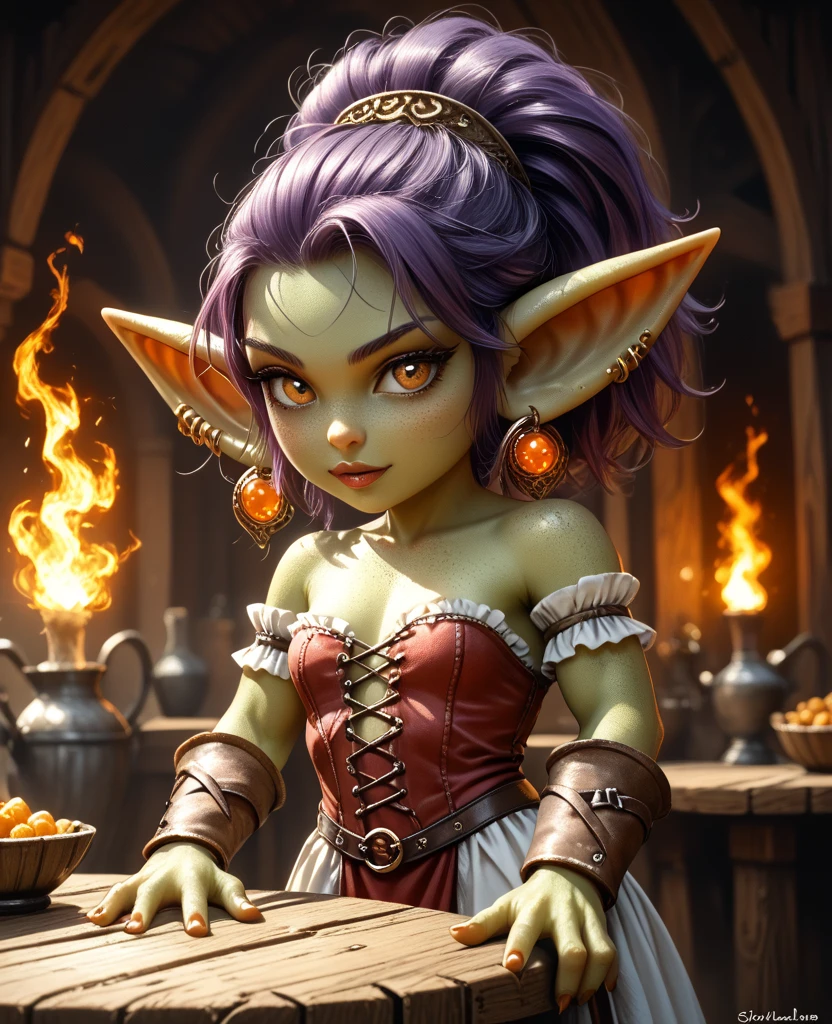 goblin mafia woman, sexy red dress, with queen crown, neckleace, movement pose