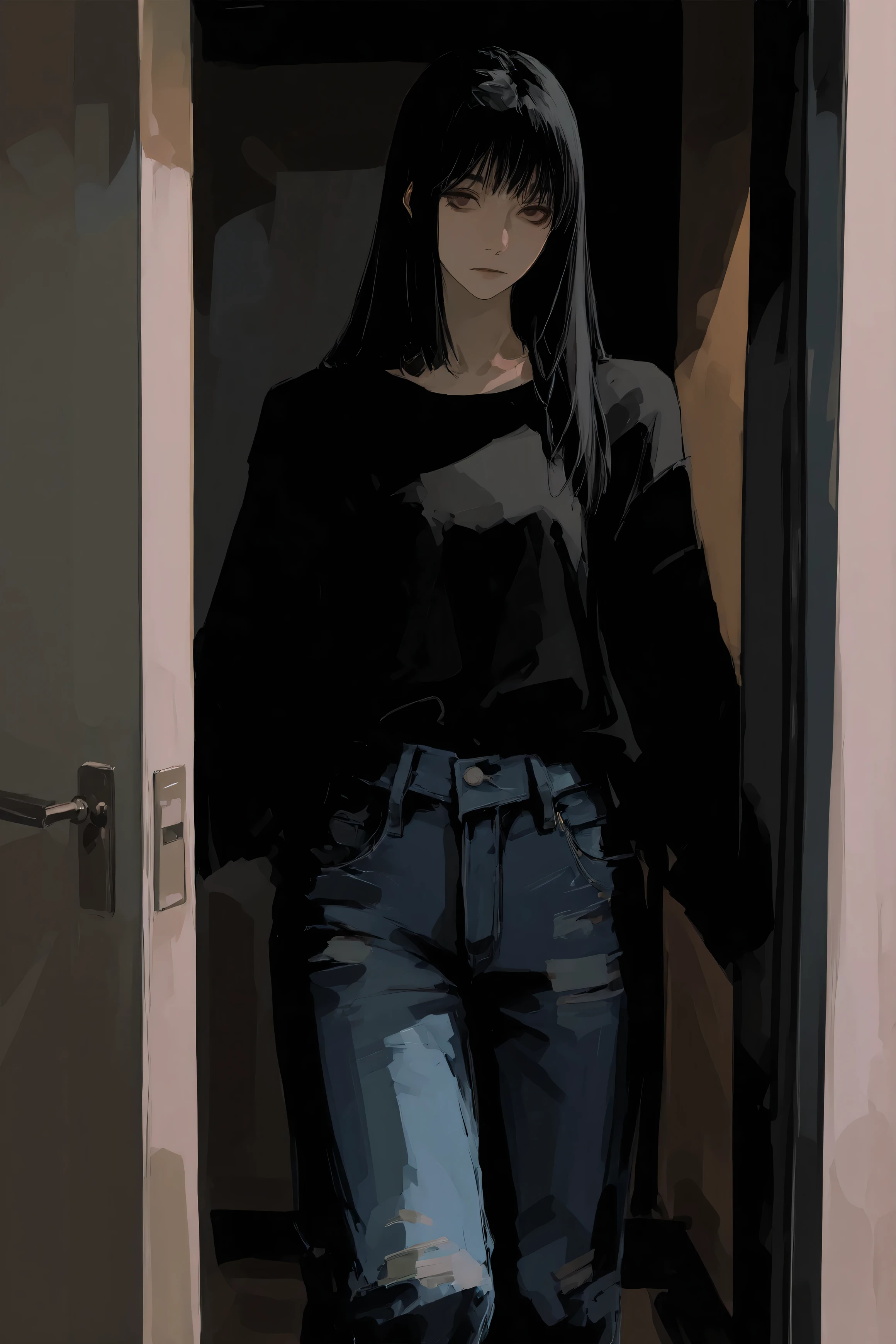 black hair, long straight hair, expressionless, Standing at the door, dark eyes,black shirt, jeans