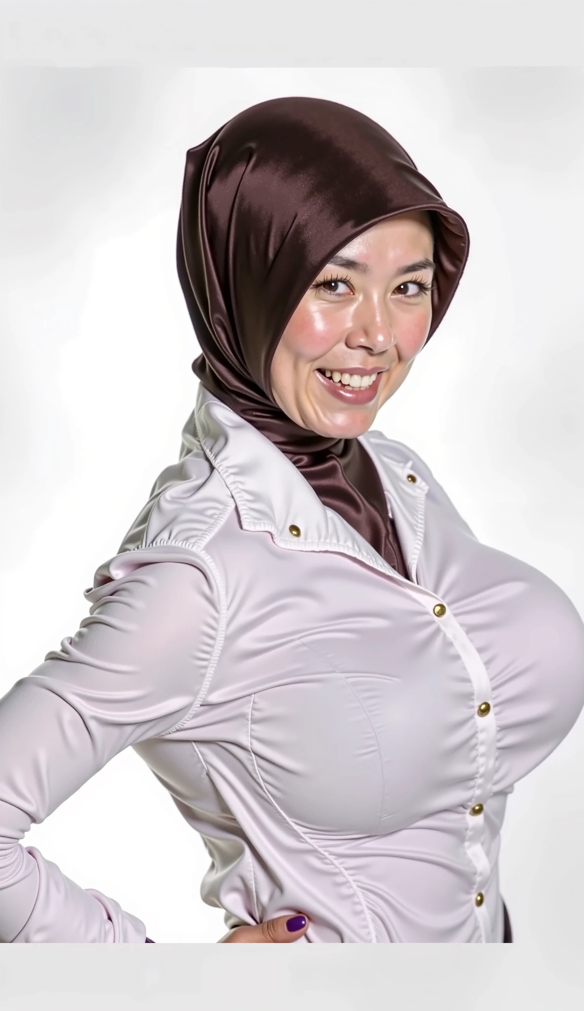 56 years Old, Hijab Indonesian mature woman, Droopiest Gigantic Mature Tits : 46.9, Gym Suit, curvy body, High light, at daytime, 64MP, Canon EOS250D, 300 dpi f2.