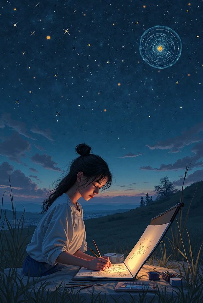 expansive landscape photography, (a view from below that shows the sky above and the open field below), Young woman sitting on the grass reading a book, long black curly hair, wearing glasses, delicate smile, bright brown eyes, looking up at the sky, lamp light, whole body, under a huge tree, a tent in the background, starry sky, illuminated night, photo effect, 8k, super detailed, hyper realistic.