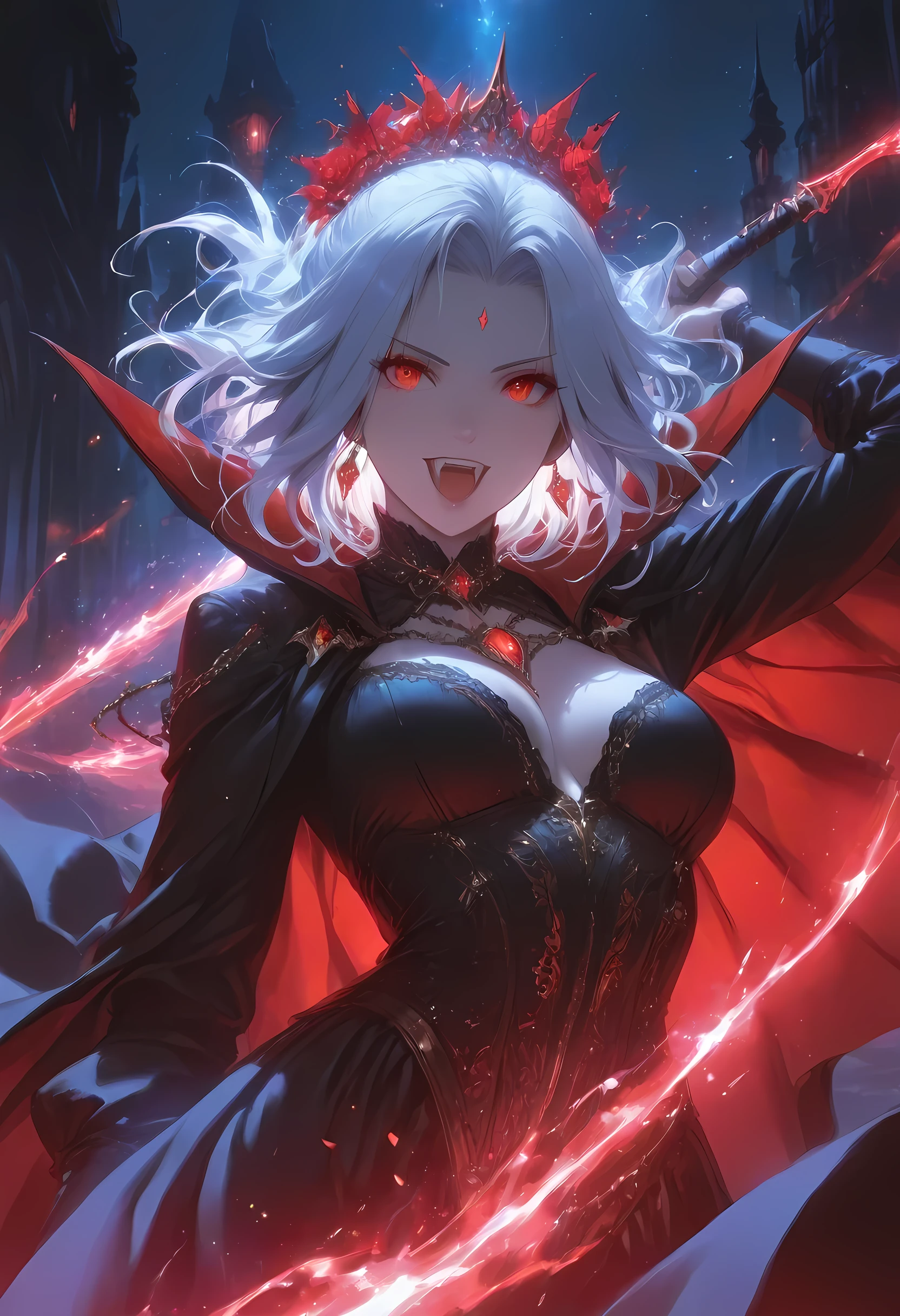 a picture of a young female vampire as she is looking into the infinite stars in the night sky the stars are reflected in her eyes, a beautiful mature female vampire, dynamic hair color, dynamic skin complexion, wearing dynamic dress, looking into the stars, the stars are reflected in her red eyes, night sky, many, many shining stars, various colors stars,  vibrant, Ultra-high resolution, High Contrast, (masterpiece), highest quality, Best aesthetics), best details, best quality, highres, 16k, [ultra detailed], masterpiece, best quality, (extremely detailed), glowing,ember, fantasy, fflix_ufantasy, vampire, fangs