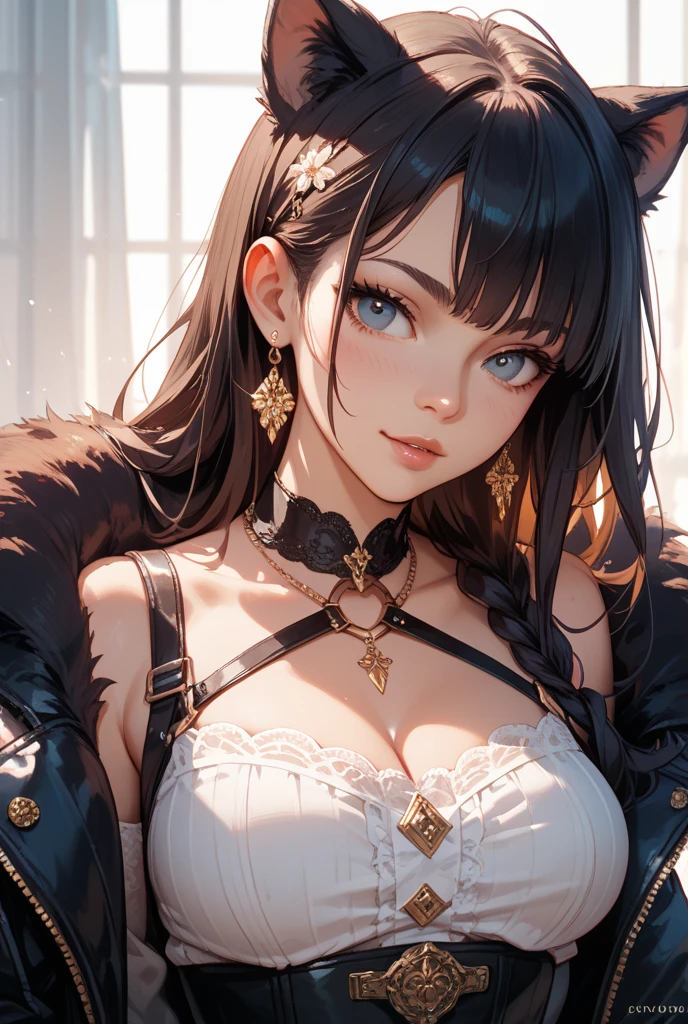 (masterpiece, best quality, ultra detailed, best shadow), (highly detailed background, dark horror fantasy), (ultra beautiful detailed face), beautiful but terrifying, dark sinister aura, evil sinister smile, puppet strings, (highly detailed background, haunted forest), extremely sensual, perfect anatomy, high contrast, (best lighting, extremely delicate and beautiful), ((cinematic light)), hyperdetail, dramatic light, intricate details, (1 girl, Solo, antique, wearing a damaged dark dark sleeveless long shattered dress, loose brown brown hair, sharp face, caramel brown and jet black eyes, bright eyes, hair between eyes, bangs, dynamic angle, wolf ears, wolf tail), (black light swirling around the character), depth of field, black light particles, (broken ice), magic circle, demon girl, large tits, deep cleavage, (dynamic pose), full body, seductive look,