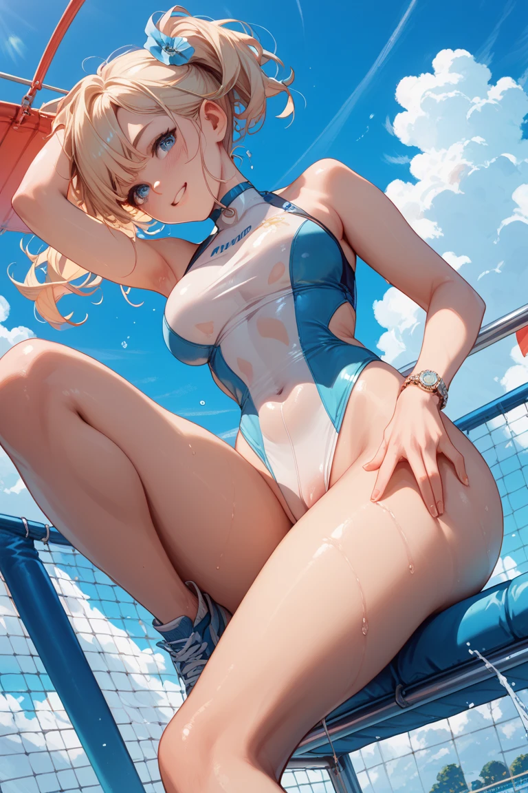 masterpiece, good quality,
1girl, solo,
JeanneArcher2nd, ponytail, high ponytail, very long hair,
glasses, one-piece swimsuit, white one-piece swimsuit, competition swimsuit, highleg swimsuit, white jacket, open jacket, single strap sandals, whistle around neck