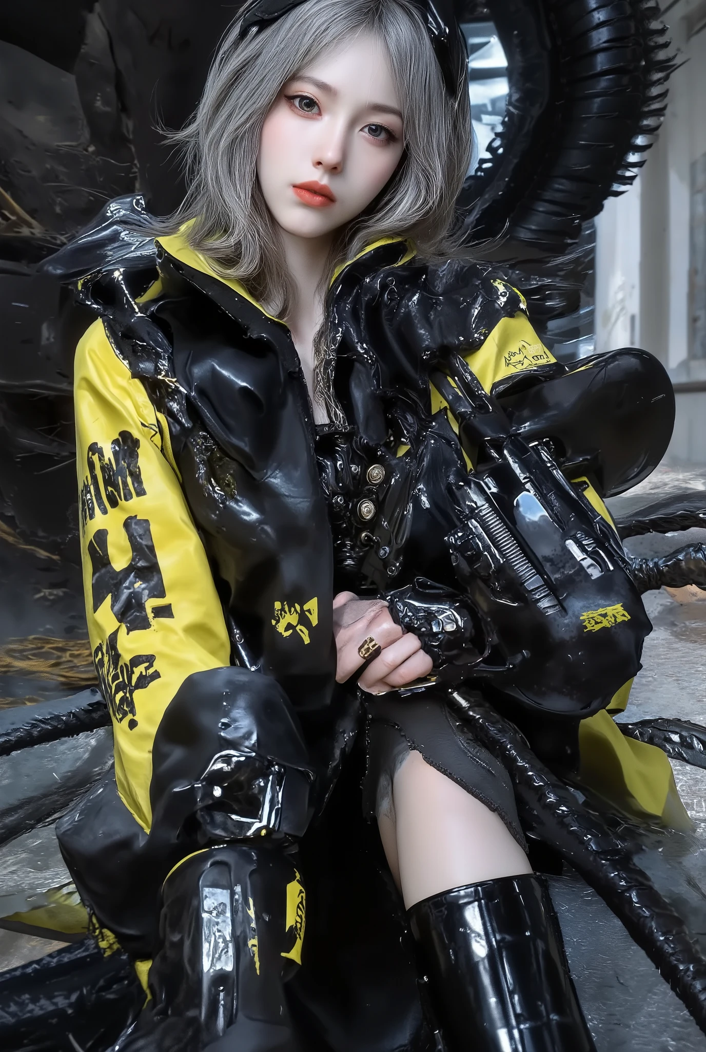  [Style: "masterpiece, realistic (Photorealistic realism), Hyper high resolution, (ultra quality, intricately detailed digital art), focus on extremely Realistic Proportion Body"] (Key Directive: "Prioritize anatomical accuracy and material textures") {Character: "20-year-old white female" | Face: "symmetrical, pale skin, full lips, yellow lipstick: 1.15" | Eyes: "((sharp focus, no blurry eyes, Hyper absurd quality, Hyper details, Hyper realistic violet eyes:1.4))" - "((extra narrow eyebrows))" - "(Carefully draw Long blue_mascara:1.2)" - "(perfect round eyes)" | Makeup: "detailed lips:1.3, (apply glossy yellow_lipstick:1.3)" | Hair: "waist-length silver curly (setting light reflections: 0.5)" | POV: "((first person view))" | "((first person shooting position))" - "hold a Custom Railgun in hends" Weapon: "Custom Railgun (StatTrak™ module)" | Railgun side Engraving : "Japanese dragon (green/blue paint:1.4)" | Display: "((side-mounted counter (red LED '589')))" | Attachments: - "Underbarrel flamethrower "(aim through the scope at running targets ((the human-like very large angry black animal))) (shoot with continuous fire)"- "active, orange/blue flames:0.3, white/yellow flash:0.3" - (hot, smoking") - "Green laser sight (beam visible in airborne dust)" Environment: "unknown planet in an alien galaxy (unknown species of vegetation, animals), day" | Lighting: "(Cinematic clarity and global illumination)" - "aim at the target and shoot'' - ''Muzzle flash from rifle (temporarily illuminates face)" "((background – clear and sharp human-like large black alien, ((chaos and terror")))) (Rendering engine: "Unreal Engine 5 path tracing, 16K texture maps") } 