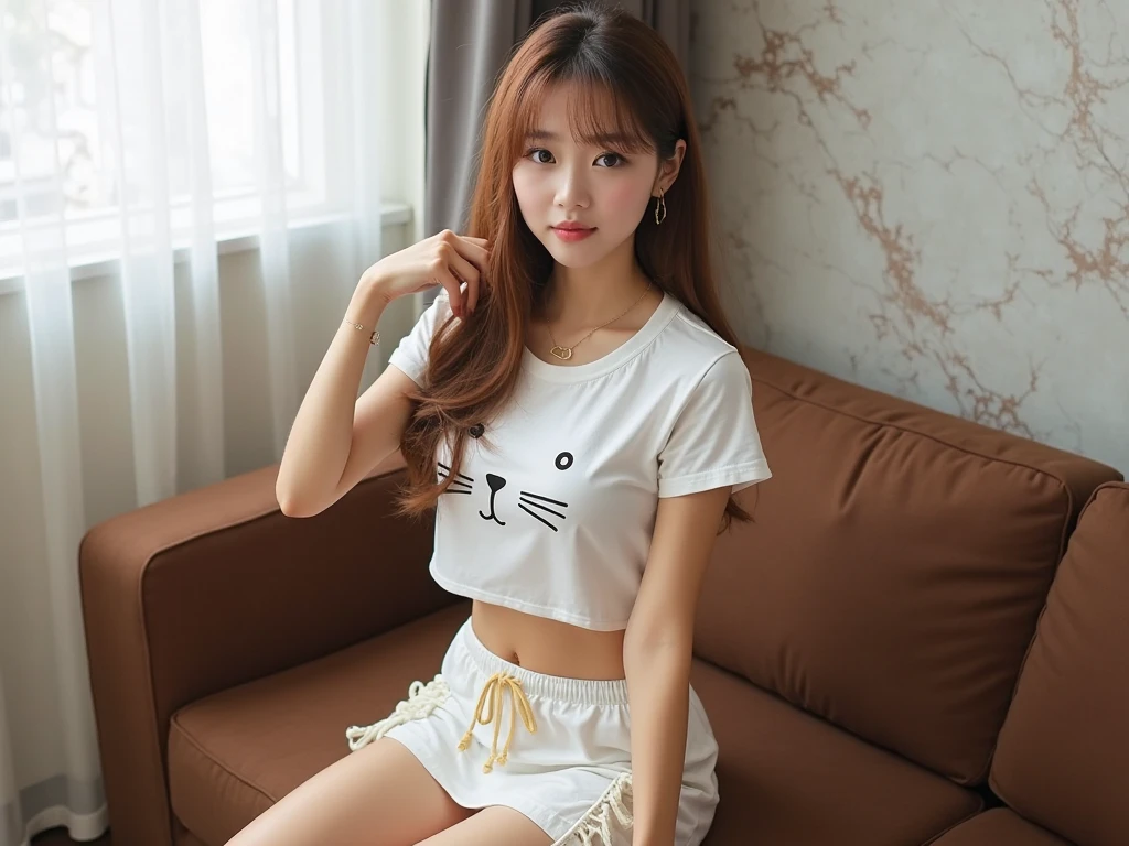 korea beautiful girl, white ankle socks, delicate feet, shorts, t-shirts, beautiful legs, UHD, masterpiece, super detail, high quality, best quality, highres, award winning, high details