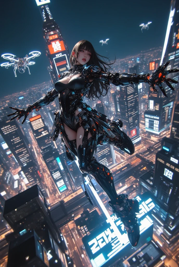 high-detail、high-level image quality、rialistic photo、Japan pretty girls、a blond、Twinte、cyberpunked、Futuristic city at night、miku hatsune、full body seen、Violent explosion、Combat with robots、a scene from a movie、With weapons、Star Wars