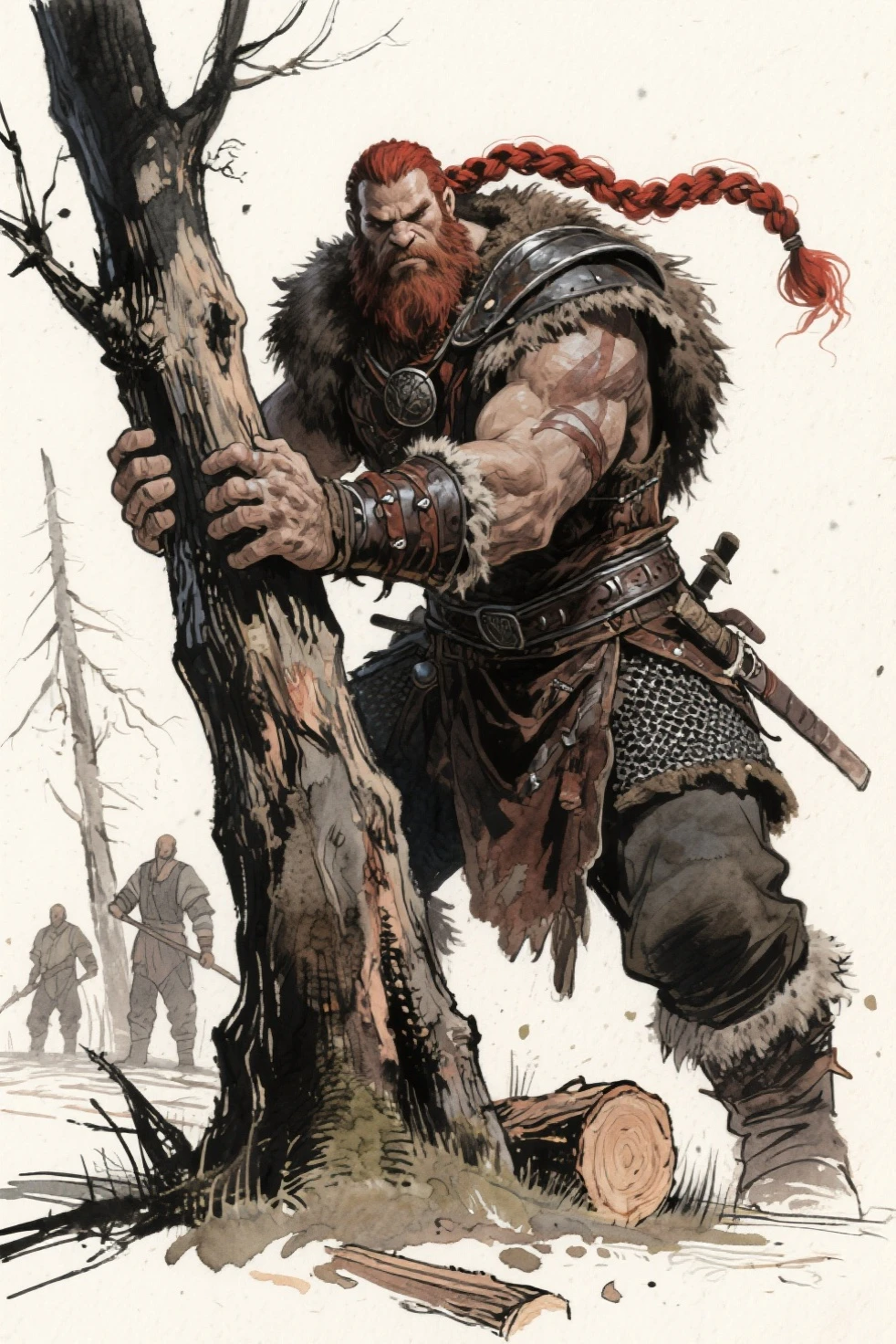 1man, (((solo))), (tall man, muscular body, with many battle scars on his body, long red hair and red beard, red eyes in fury, has a pair of deer antlers on his head), RPG barbarian, furious in combat, carries in his hands a battle axe