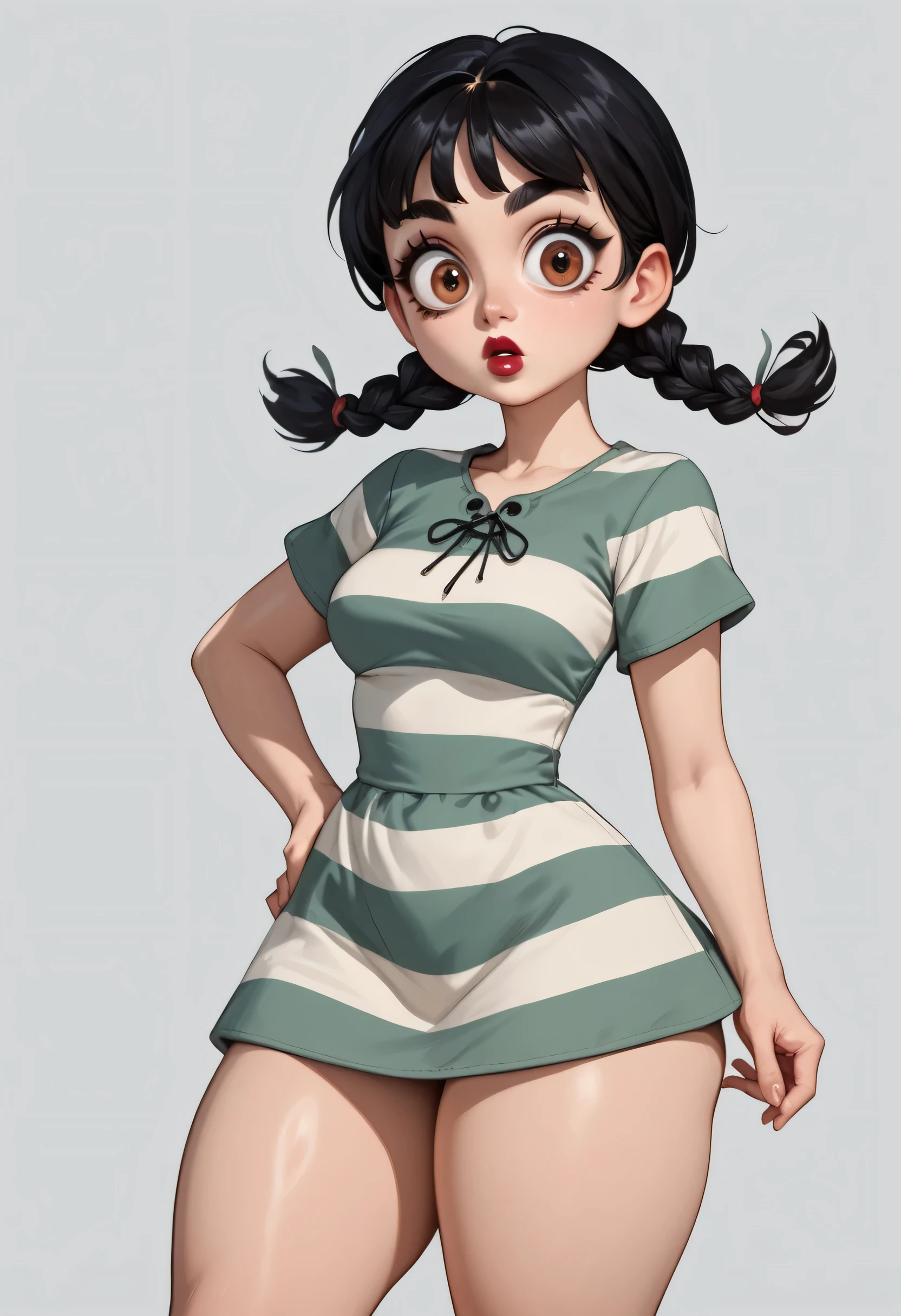 simple background, 1girl, twin braids, black hair, black eyebrows, thin eyebrows, big eyes, lightest brown eyes, thick lipstick, perfect face, beautiful girl, medium breasts, striped round tunic dress, hand on hip, (thick thighs:1.3), (surprised)
