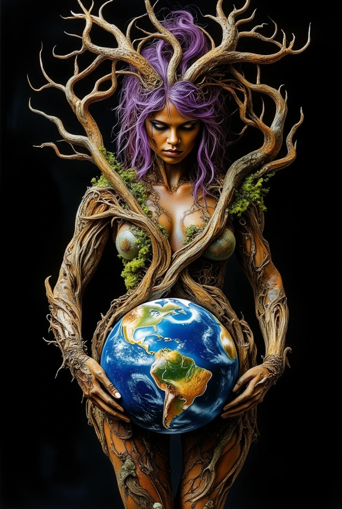 Create an image featuring a humanoid figure appearing to be made of stardust, where one can discern wisps of nebulae and constellations within this form. This figure has hair and is delicately holding the Earth in one hand. The Earth itself is teeming with diverse forms of life, represented through miniature depictions of various plants and human figures of diverse descents and genders dotting the landscape. In the other hand, this figure holds a different, unnamed planet. The background is a vast expanse of space, with the radiant sun on one side of the Earth and the moon casting its cool glow on the other side., cleavage, thigh, short skirt, sexy