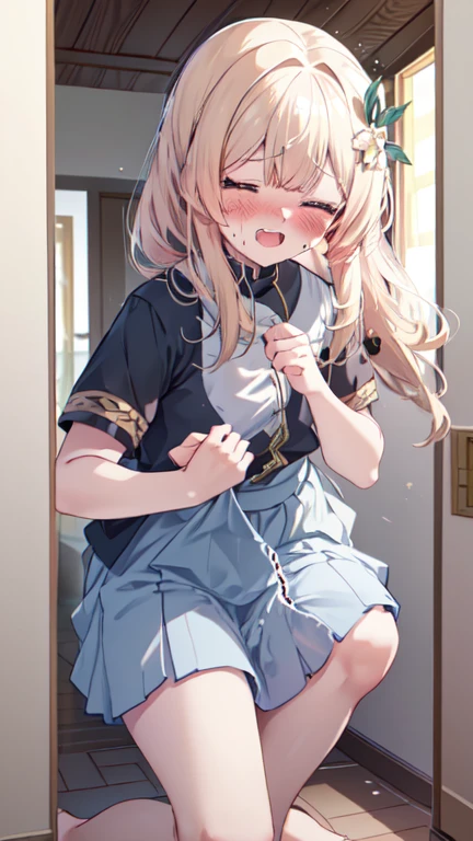 nsfw,(Petite),(boy),penis,blonde low twintails,lips,slouch,Sweat,White Breath,Viewers from the front,Standing posture,T-shirt with loose chest,