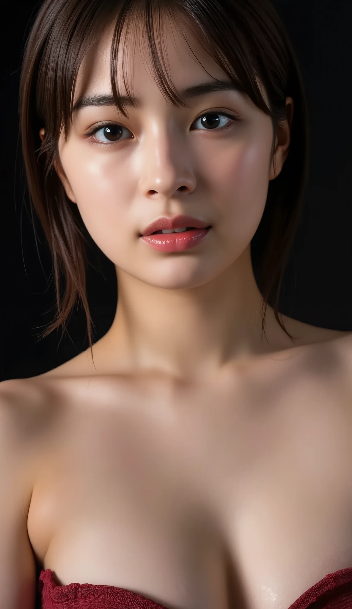 (((arms behind back)))、Close your eyes、(((Shoot from above)))、(((all nude)))、(Hairy pubic hair)、looking at the camera、 ((Best Quality, 8K, masterpiece :1.3)), Full body、sexy girl with perfect figure :1.4, Slender Abs :1.1, ((Huge breasts :2.0)),Ultra-detailed face and skin