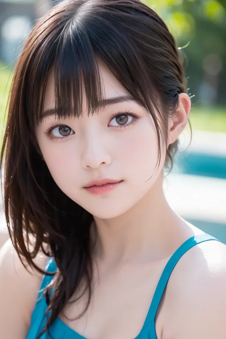 masterpiece, highest quality, 8k, 20th generation, Big Breasts, cute, alone, sad, cute, Girlish,cute 繊細な女の子, cute、Pure beauty, RAW Photos, Professional photography, Portraiture, Soft Light, Professional Lighting, Backlight, Upper Body, avert your eyes, Sophisticated, Film Grain, (Eye and facial details:1.0), Round face、Floating Hair, beautiful, Flowing hair, Asymmetrical bangs、(Big Breasts:1.0)、Navy blue micro bikini、Voluptuous thighs、dolly make、Heterochromia iridis、Midsummer sky、Cumulonimbuidsummer Beach