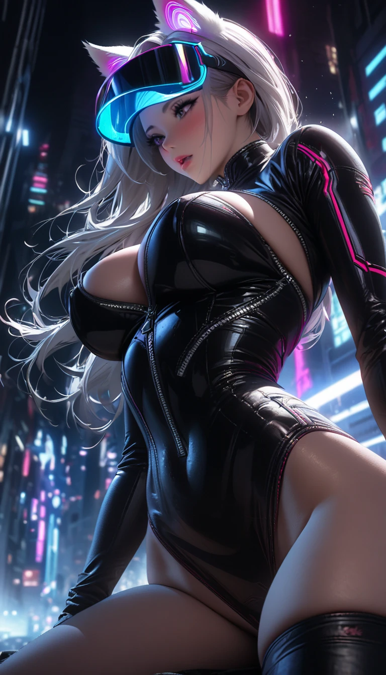 Japanese cartoons, (artwork, best quality, Extremely detailed, High contrast), 1 female (Solitary,(((Large Breasts、Sagging breasts、Low-cut,Cleavage, Wide hips,)))((Long legs)),Hourglass figure)), whole body, Plus size body, standing on the edge of a skyscraper, Silver Hair, Long Ponytail, Red Eyes, Perfect eyes ruby sparkle, (simple black qipao, Black cybernetics with neon pink), Clear black socks), (Skyscraper roof, Overlooking a city, Detailed background ((at night, dark, Low light pollution)))