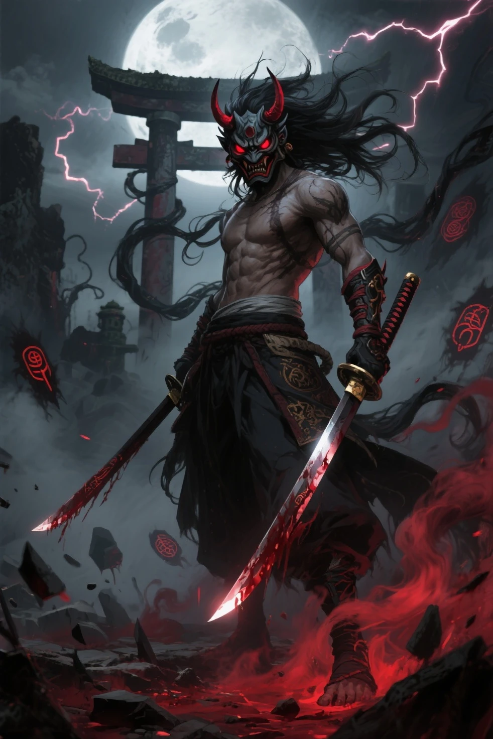 A samurai from ancient times walks in a cyberpunk city, it's raining heavily. He carries two swords on his back and wears a mask with fangs, while his long hair is blowing in the wind