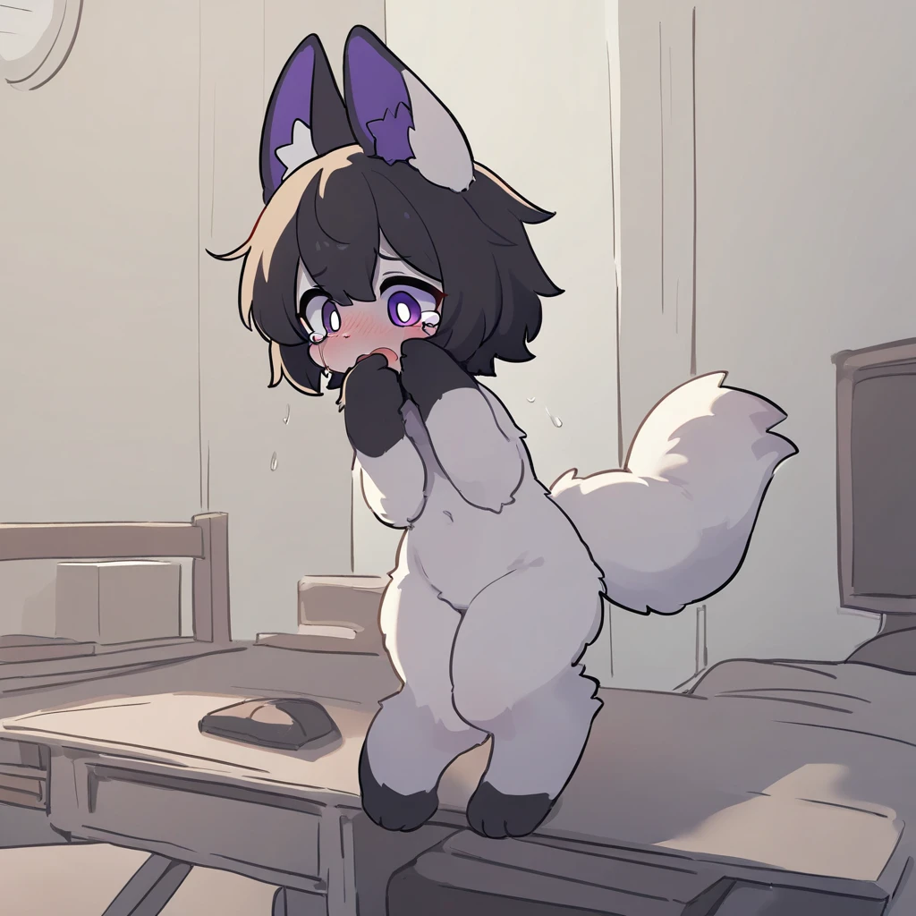 femboy thick thighs, fat ass, naked,Furry gato, shy femboy, blush, embarrassed look, ears down, black fur,mini comic, high resolution, high quality, blue eyes, short black hair, forward hairstyle, black mini skirt,blue mini t-shirt with a green heart in the center of the shirt, sitting on camera, focusing ass, long tail, small cock, protruding small testicles, opening buttocks