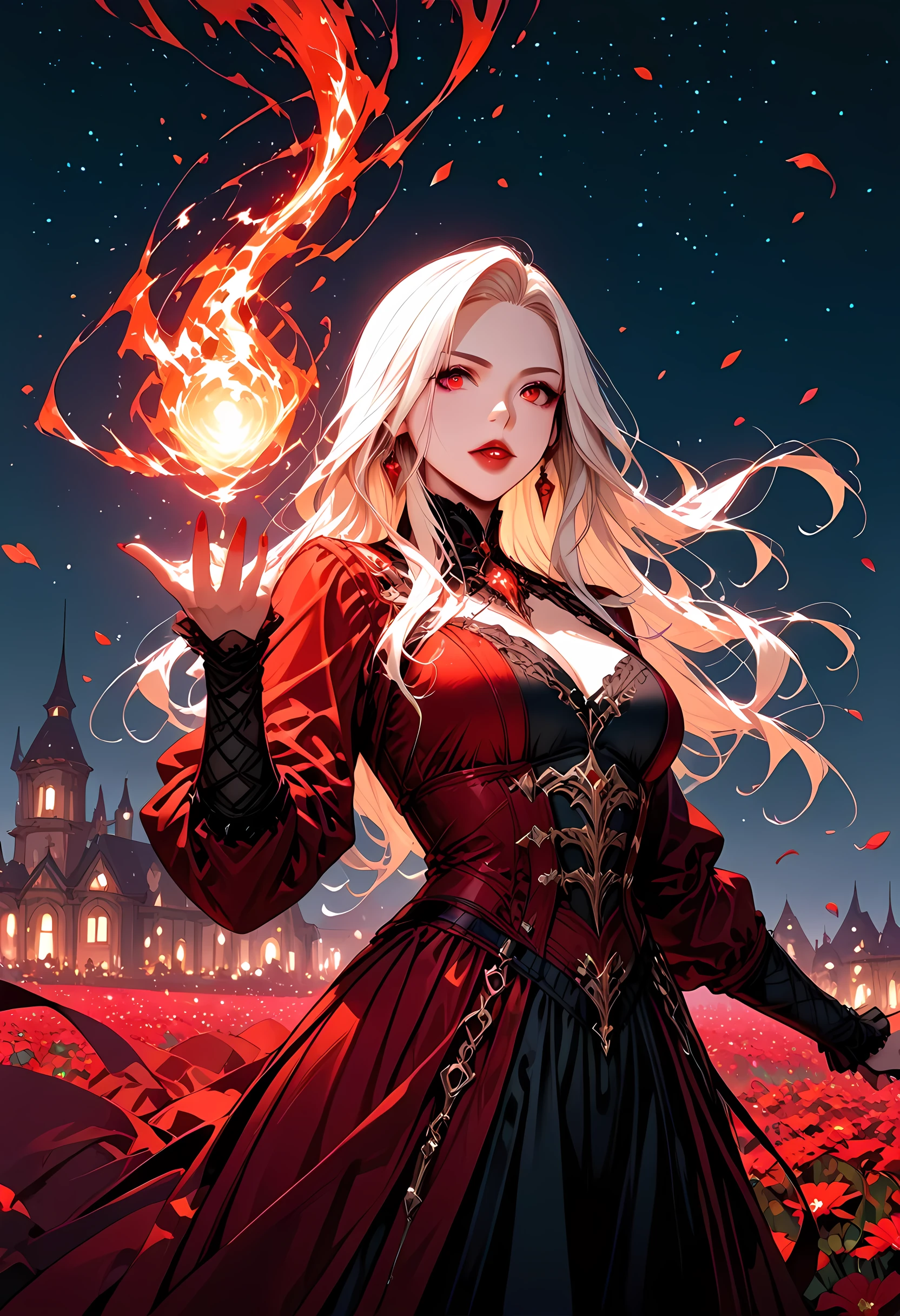 a picture of a young female vampire as she is looking into the infinite stars in the night sky the stars are reflected in her eyes, a beautiful mature female vampire, dynamic hair color, dynamic skin complexion, wearing dynamic dress, looking into the stars, the stars are reflected in her red eyes, night sky, many, many shining stars, various colors stars,  vibrant, Ultra-high resolution, High Contrast, (masterpiece), highest quality, Best aesthetics), best details, best quality, highres, 16k, [ultra detailed], masterpiece, best quality, (extremely detailed), glowing,ember, fantasy, fflix_ufantasy