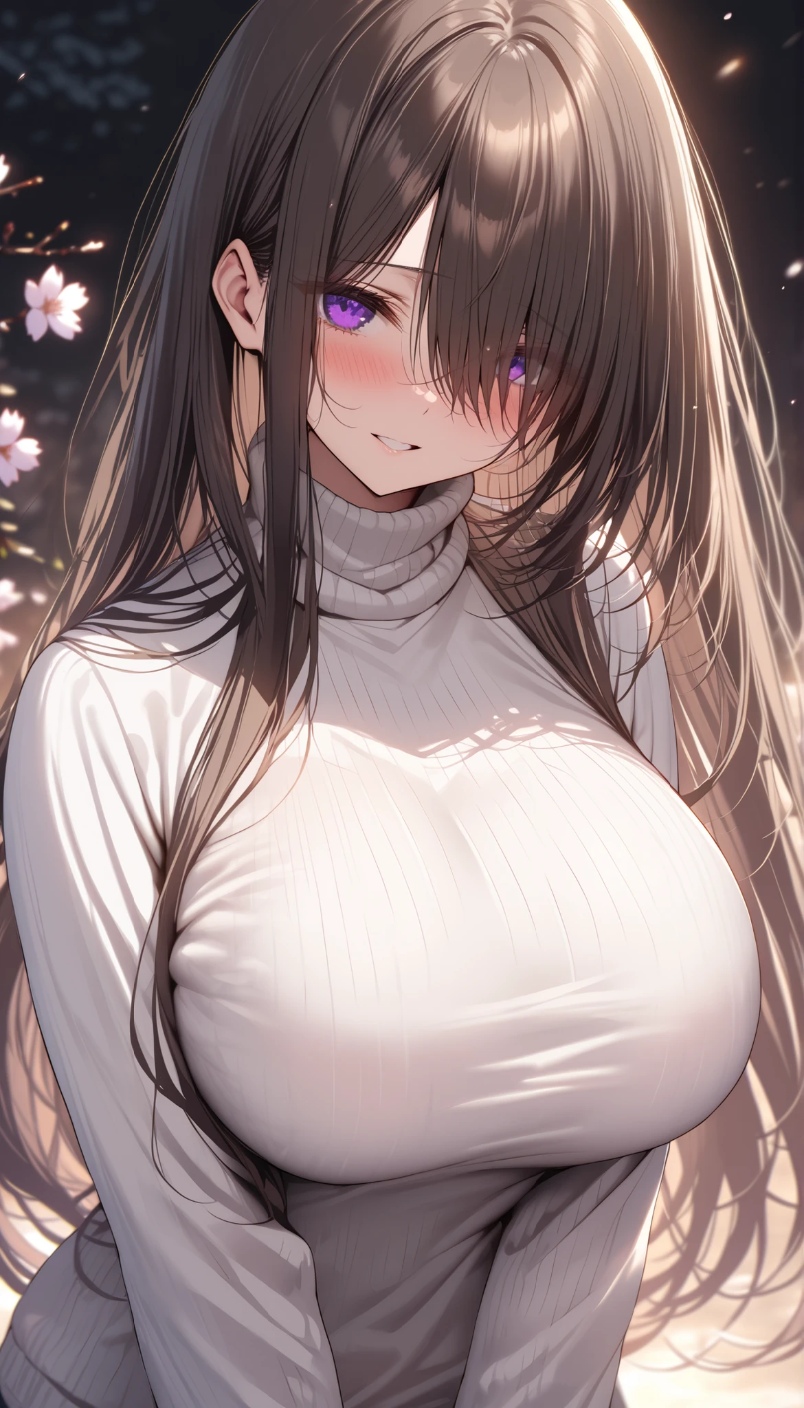 (masterpiece, Highest quality:1.2), (1girl), alone, ((long hair)), bangs ,((dark brown hair)), (straight hair), ((hair over face)), (hair over one eye), (hair over right eye), high detail, bloom, ((detailed face)), (beautiful effects), (((white Sweater high neck))), detailed eyes,(purple eyes), ((huge breast)), ((purple eyes)), (cherry blossom), blush, standing, front view, ((yandere)),