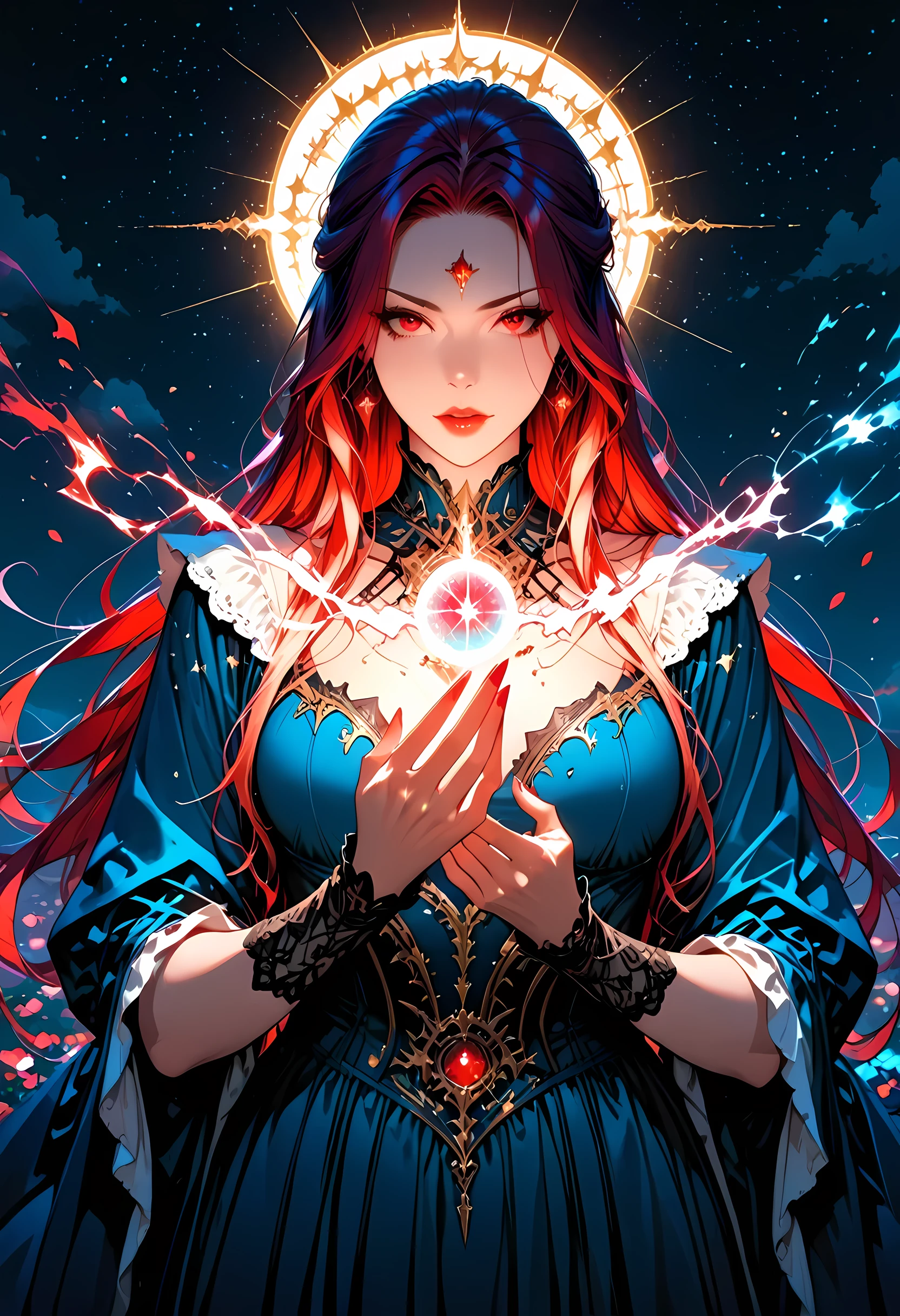 a picture of a young female vampire as she is looking into the infinite stars in the night sky the stars are reflected in her eyes, a beautiful mature female vampire, dynamic hair color, dynamic skin complexion, wearing dynamic dress, looking into the stars, the stars are reflected in her red eyes, night sky, many, many shining stars, various colors stars,  vibrant, Ultra-high resolution, High Contrast, (masterpiece), highest quality, Best aesthetics), best details, best quality, highres, 16k, [ultra detailed], masterpiece, best quality, (extremely detailed), glowing,ember, fantasy, fflix_ufantasy