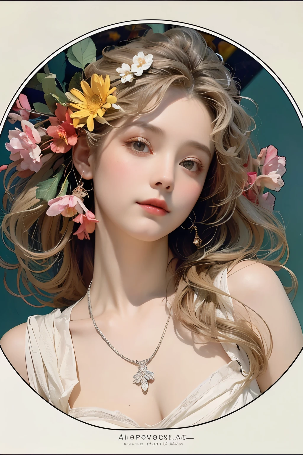 (Oil painting of a woman like a flower goddess), rough, unpolished touch, impressive portrait, (Calm, gentle, girlish smile), (Almost straight, medium-long silver-gray blonde hair), (Close-up), glossy lips, (Simple, urban shirt in spring colors), (Slim figure), small necklace, soft spring sunlight, small spring flowers of various colors, fine and precise details, muted colors, vivid primary colors partially used as accents, use of contour lines, clean line drawing, (Alphonse Mucha-style composition), (Stylish decorative frame in the Art Nouveau style), Masterpiece!, Wonderful!, Beautiful!,  Wonderful!, Perfect!,