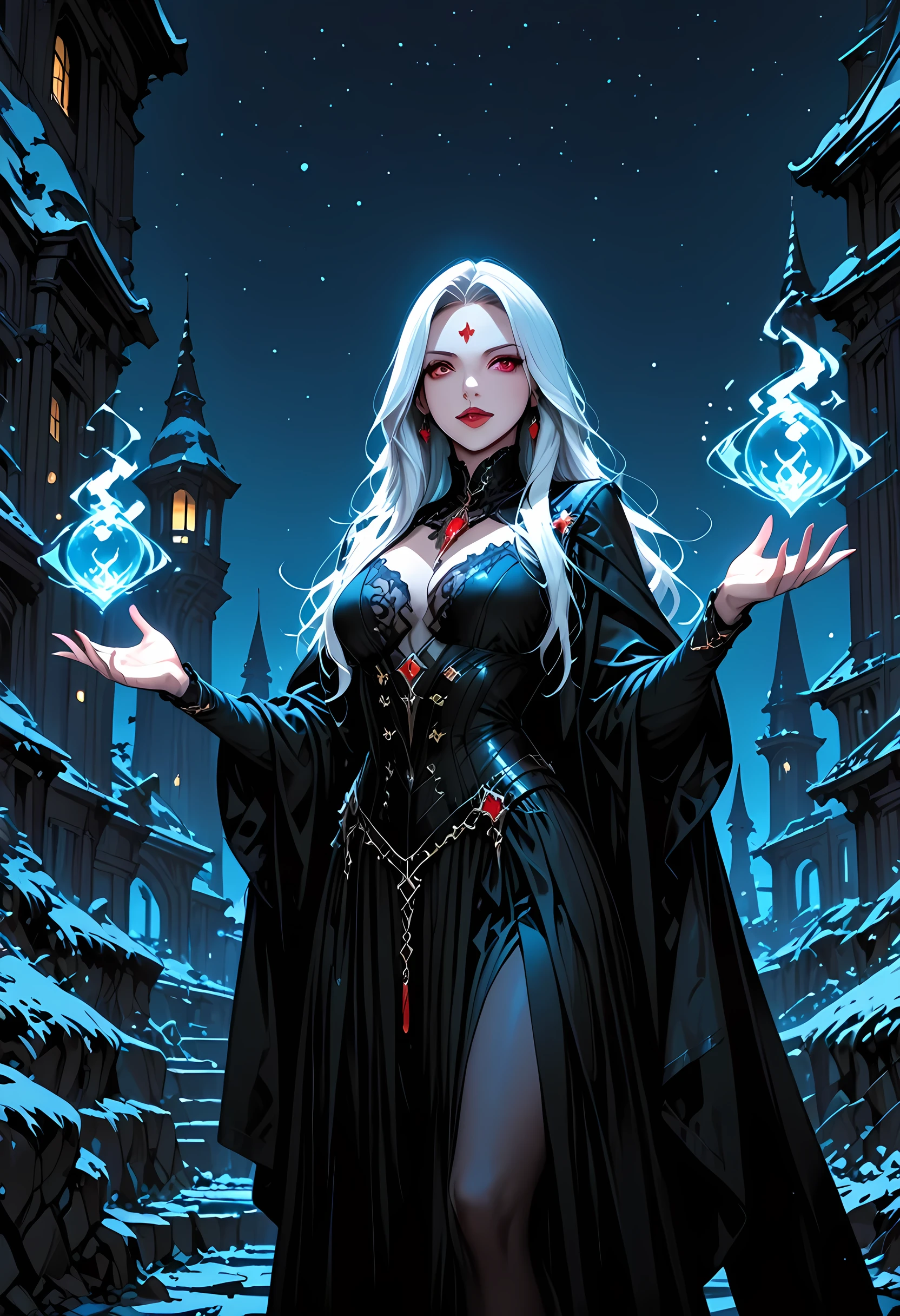 a picture of a young female vampire as she is looking into the infinite stars in the night sky the stars are reflected in her eyes, a beautiful mature female vampire, dynamic hair color, dynamic skin complexion, wearing dynamic dress, looking into the stars, the stars are reflected in her red eyes, night sky, many, many shining stars, various colors stars,  vibrant, Ultra-high resolution, High Contrast, (masterpiece), highest quality, Best aesthetics), best details, best quality, highres, 16k, [ultra detailed], masterpiece, best quality, (extremely detailed), glowing,ember, fantasy, fflix_ufantasy