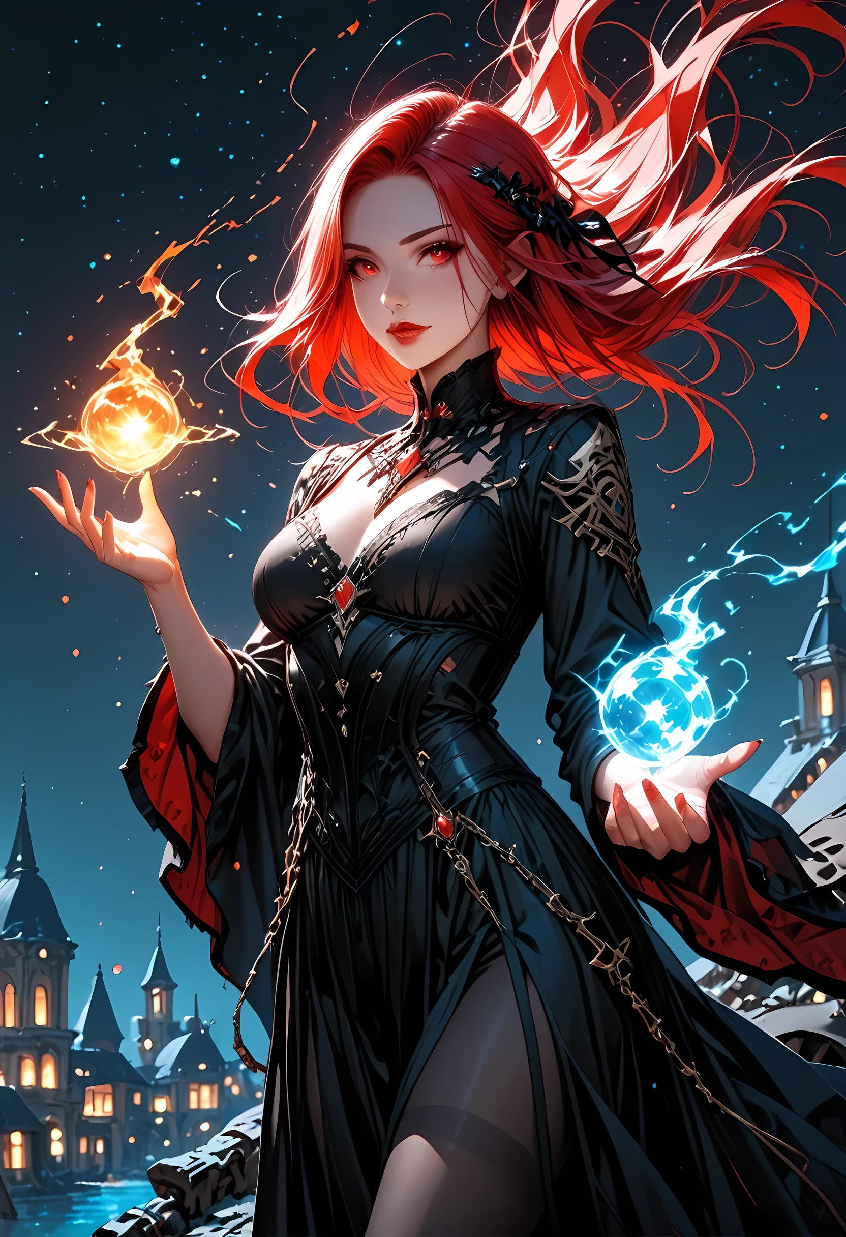 a picture of a young female vampire as she is looking into the infinite stars in the night sky the stars are reflected in her eyes, a beautiful mature female vampire, dynamic hair color, dynamic skin complexion, wearing dynamic dress, looking into the stars, the stars are reflected in her red eyes, night sky, many, many shining stars, various colors stars,  vibrant, Ultra-high resolution, High Contrast, (masterpiece), highest quality, Best aesthetics), best details, best quality, highres, 16k, [ultra detailed], masterpiece, best quality, (extremely detailed), glowing,ember, fantasy, fflix_ufantasy