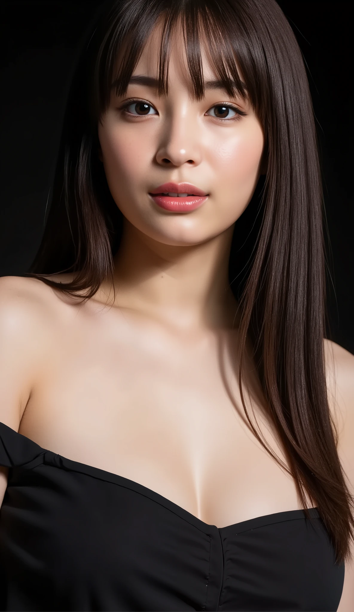 one beautiful woman、 masterpiece, accurate, nsfw, Super Detail, advanced details, high quality, Award-winning, best quality, 16k, perfect anatomy, (( front view, upper body)), Ultra High Resolution Hair , brown hair, long hair, realistic textured skin, slim face, (( nudes)), (( nudes:1.5)), flabby lips, , ( nudes:1.3), black background,(((A seductive look、A seductive look、A seductive look、 the climax of ecstasy 、 the climax of ecstasy 、 the climax of ecstasy ))), full body