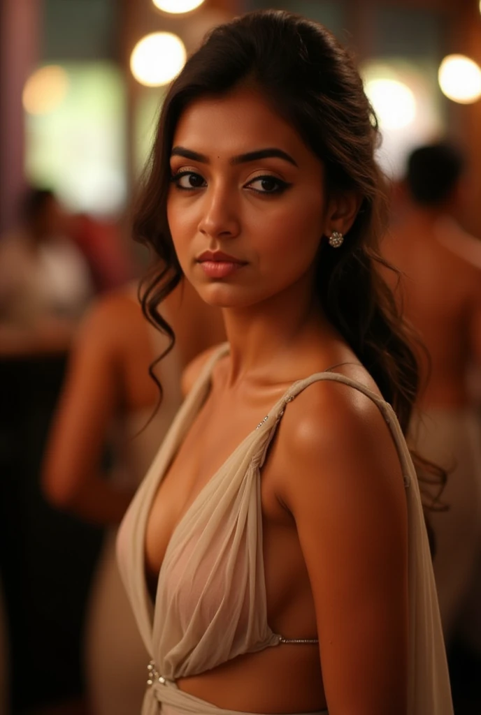 A young indian woman aged 23, masterpiece, high quality, ultra realistic, body measurements-33:27:36, absolutely stunning, beautiful detailed portrait, light brown skin color, brown eyes,brown wavy hair till waist, oval shaped face, pointed chin, 8k, heart shaped lips, thin pointed eyebrows, sharp neckline, closed mouth, consistent,height-5'3, weight-45 kg, small monolid eyes, exact fingers, human, highly rendered,8k,raw,full shot, front pose,closed mouth, realistic, pointed ear shape, straight snub nose, clear face, hyper realistic,black dress, lighting, sharp details,consistent face and body