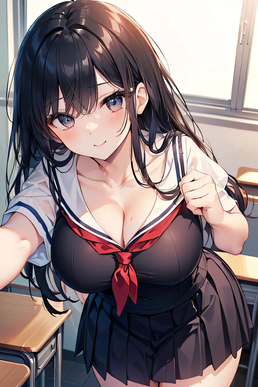 A view from a little side and below、Embarrassing、Big Breasts,、Sailor suit、nude,Black Hair、きれいな青いHair Ribbon 、Beautiful girls、sunny、Leaning forward、Leaning forward to highlight cleavage、A cute looking girl、Black Hair、Medium Hair、Hair Ribbon、classroom、Her cleavage is visible through the gaps in her clothes