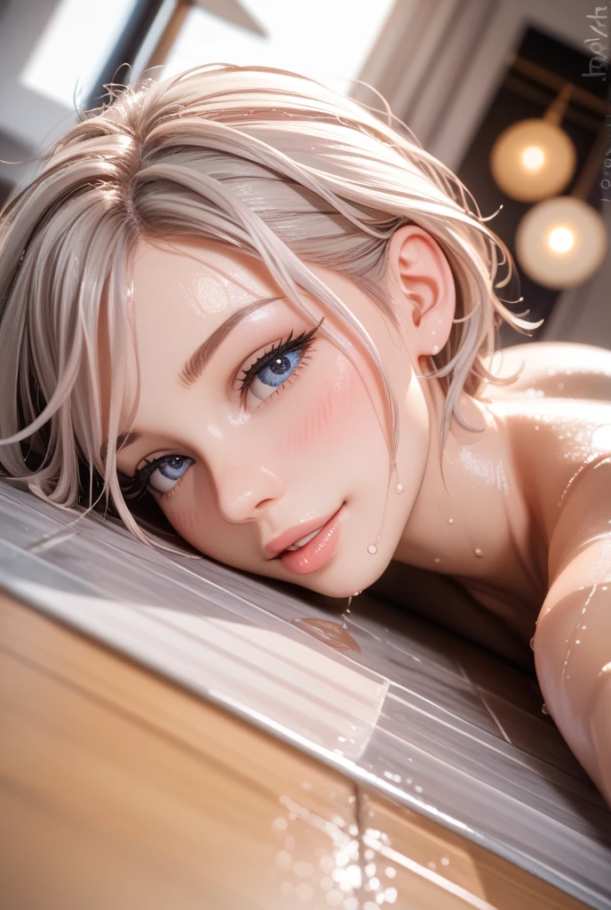 score_9_up, score_8_up, score_7_up, 1girl, solo, mature female, ((Ciri)), white tied hair, green eyes, pink lips, parted lips, fit slim body, ((perfect medium erected breast)),(((highly detailed face and eyes))) (((nude body, unshaven hairy pussy))), (((dark bathroom, candles on walls,))), perfect model body, seductive pose,