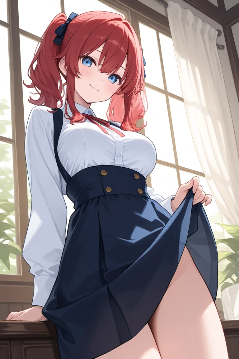 ((Blue eyes)),((completely dressed )), Red hair, High collar, split,
break indoors,((blush:1.2)),((sad eyebrows)),break looking at viewer, (cowboy shot:1.5),break (Masterpiece:1.2), Best quality, A high resolution, unity 8k wallpaper, (Illustration:0.8),very detailed face , (perfect hands, Ideal Anatomy)