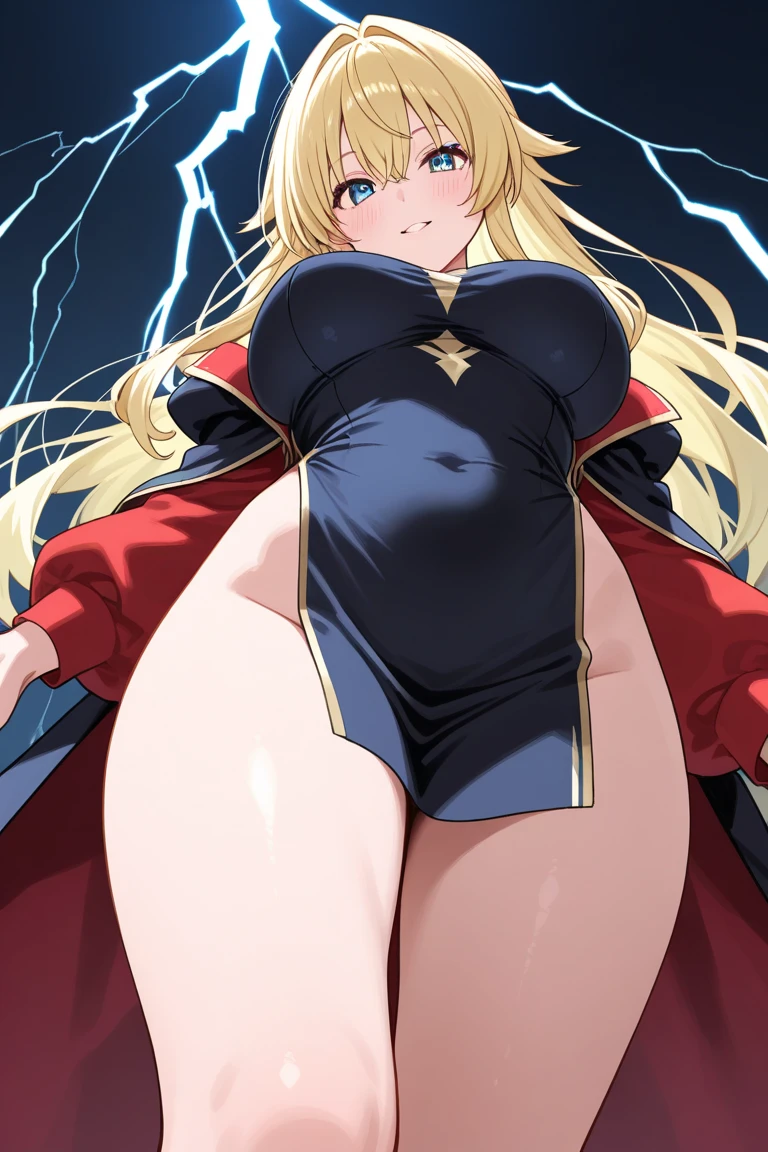 great quality, (1 woman), very focused face, diamond face, perfect eyes, (wearing mage robe), mage robe, strong shadows, full body, detailed face, (casting spell), blue flashes of light, in battle, detailed abs, shinying eyes, (masterpiece), direct light, underlight, strong jaw, (large boobs), massive ass, thick thighs, (long torso), wide waist, skinny torso, fit, perfect face, sexy, (blushing),
